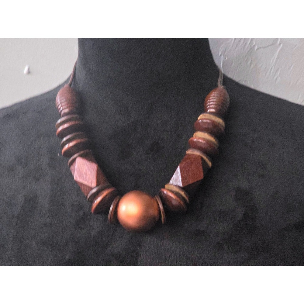 Chunky Wood Geometric Statement Necklace Adjustable Brown Copper Boho‎ Bead